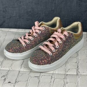 Skechers Womenâs 5 or Youth 3.5 Pink Glitter Sneakers with White Platform Sole
